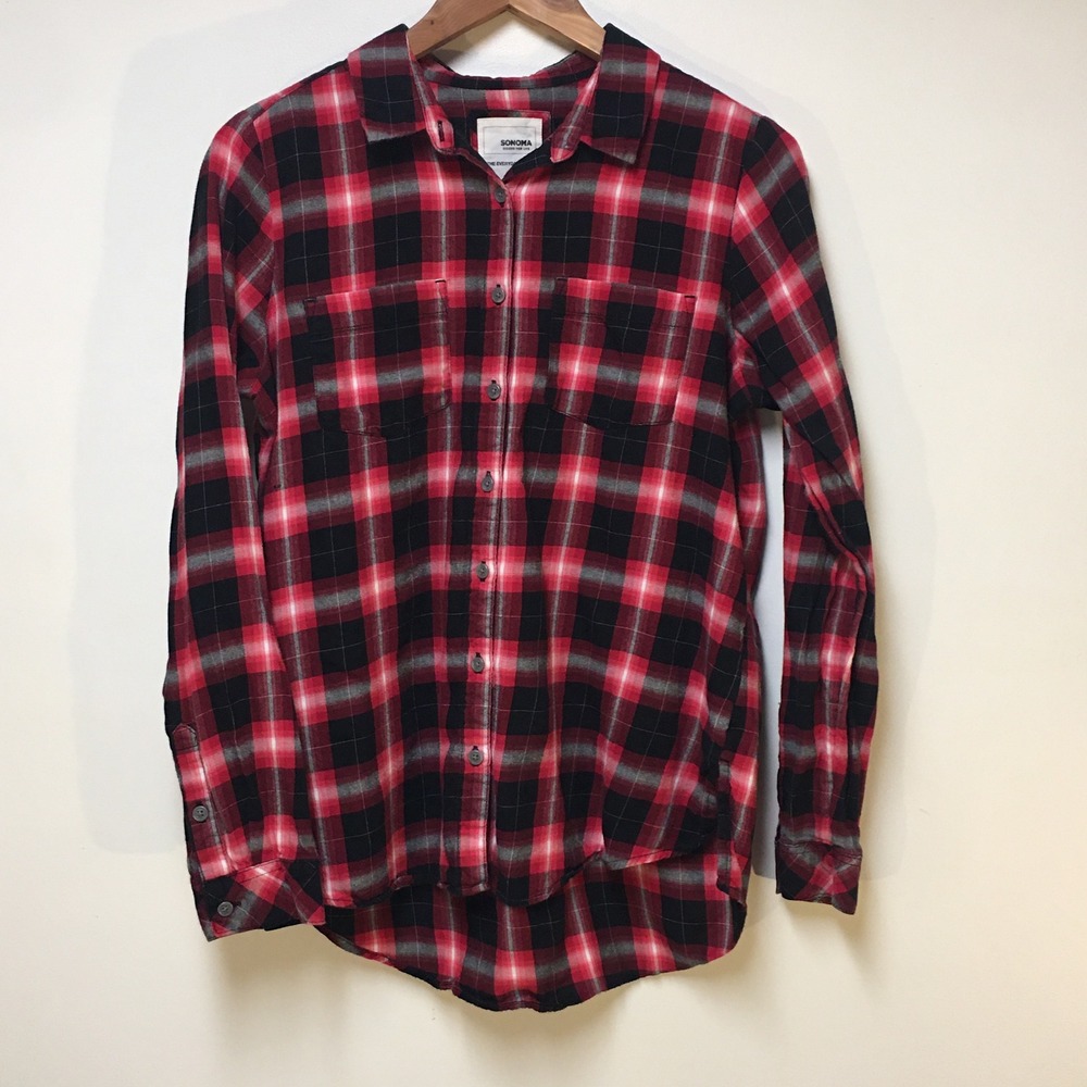 Sonoma Everyday Shirt Plaid Button Down‎ Women Medium Red Black Flannel Western